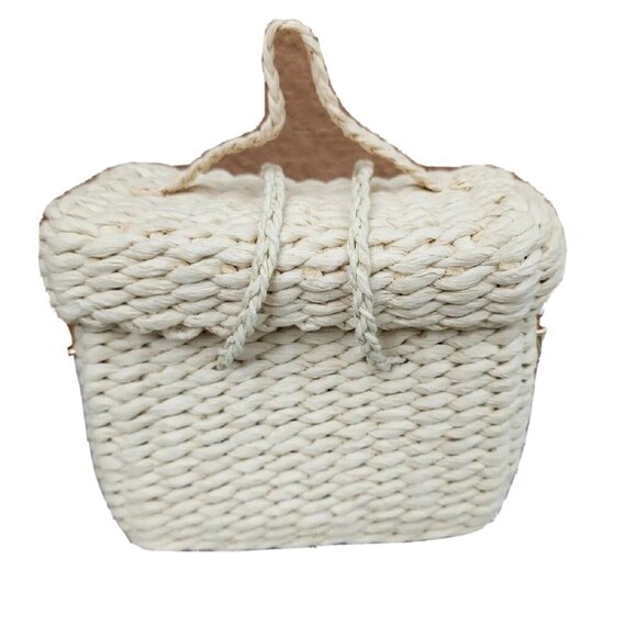 Surell Natural Straw Small Rectangle Basket Crossbody Handbag W/Black PomPom -EC - Picture 2 of 10